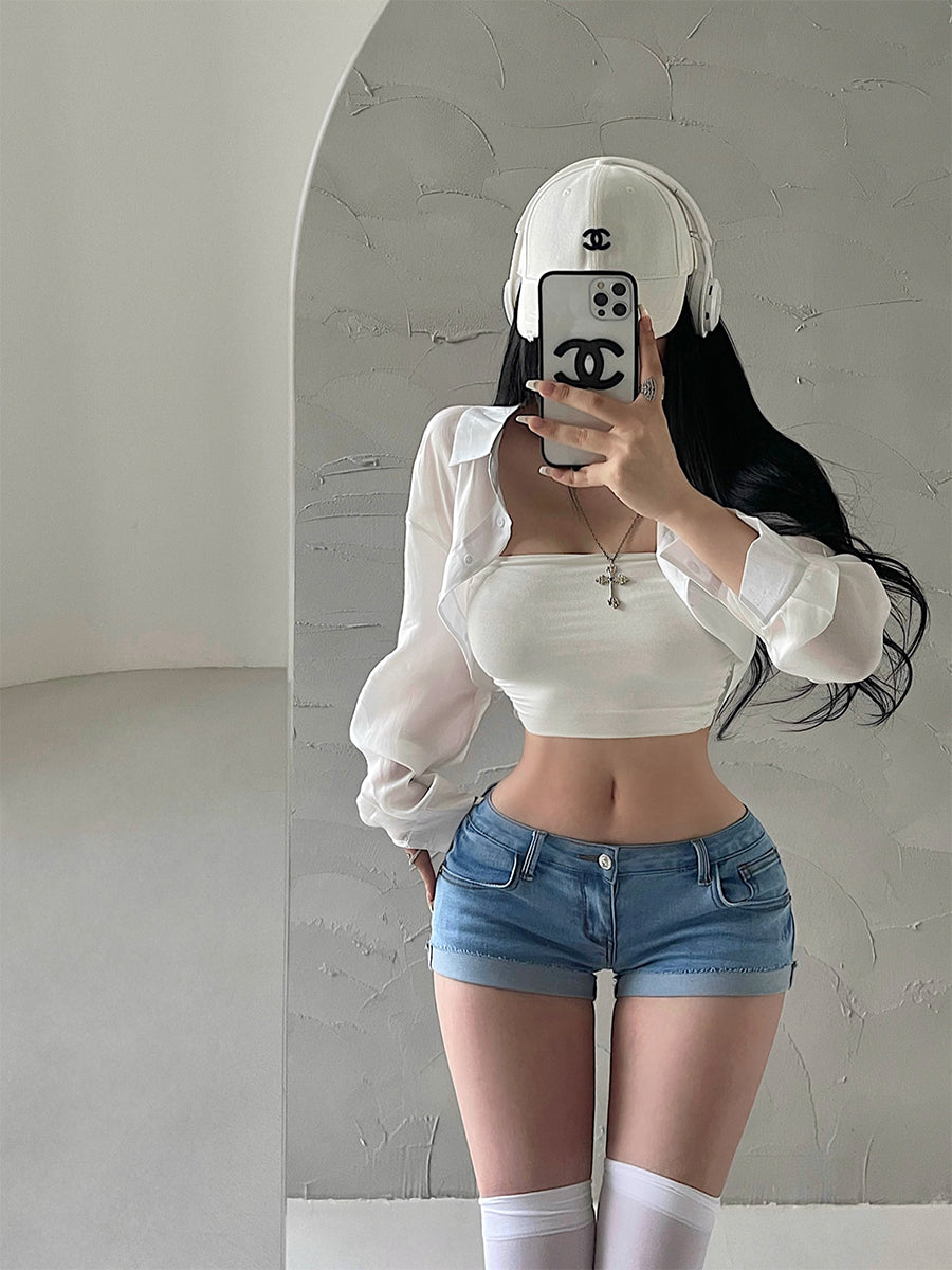 Younggirlday American Gyaru Sexy Cintura Baixa Bainha Apertada Curling Slim Fit Demin Shorts Calças Quentes Mulheres
