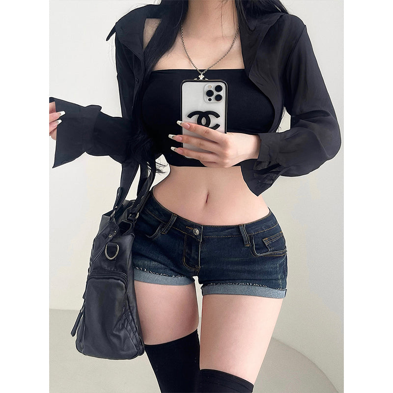 Younggirlday American Gyaru Sexy Cintura Baixa Bainha Apertada Curling Slim Fit Demin Shorts Calças Quentes Mulheres