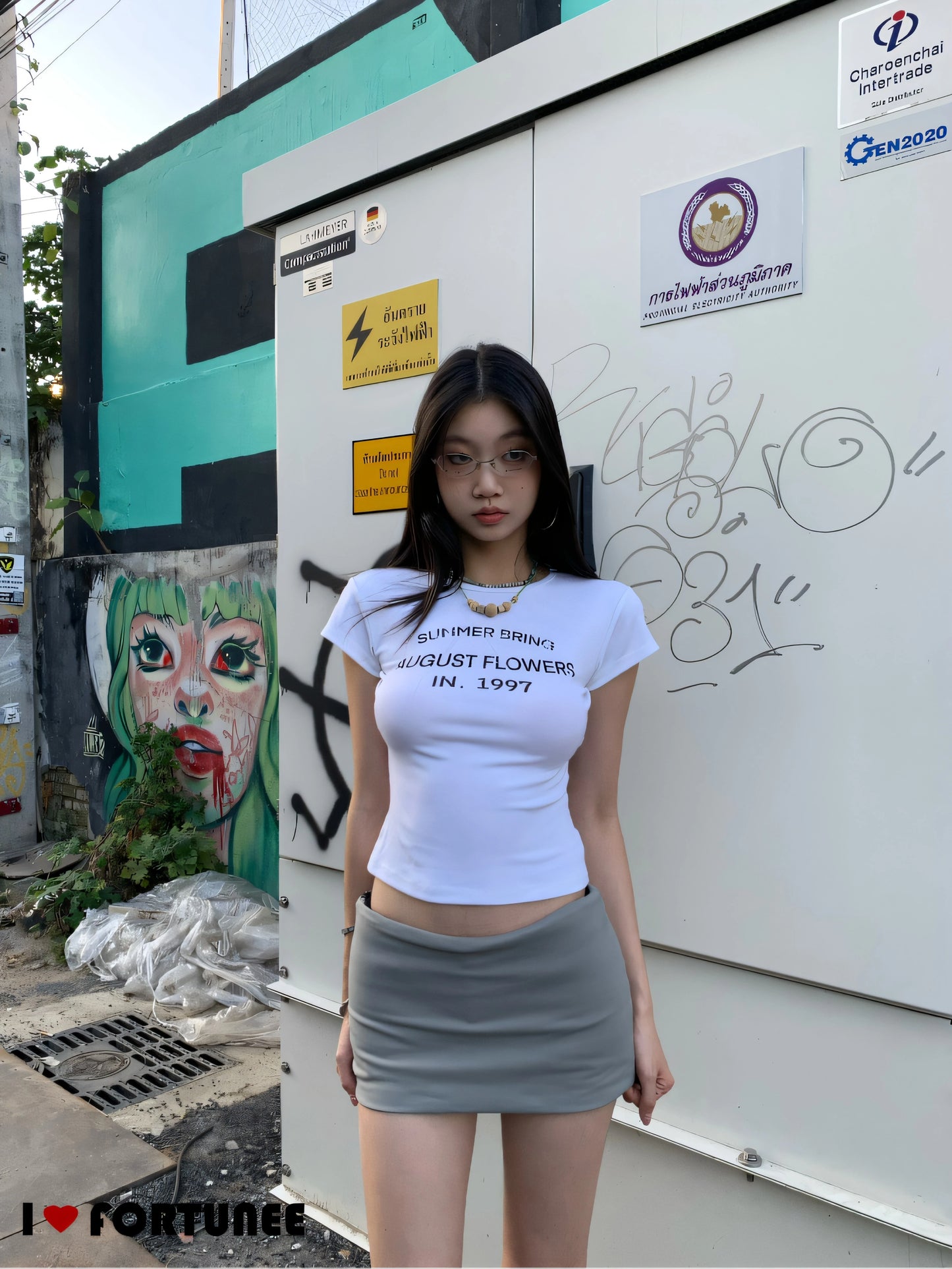 Camiseta Fortunee Primavera/Verão, Sexy, Branca, Estampada, Manga Curta, Cintura Alta, Slim Fit, Crop-Top