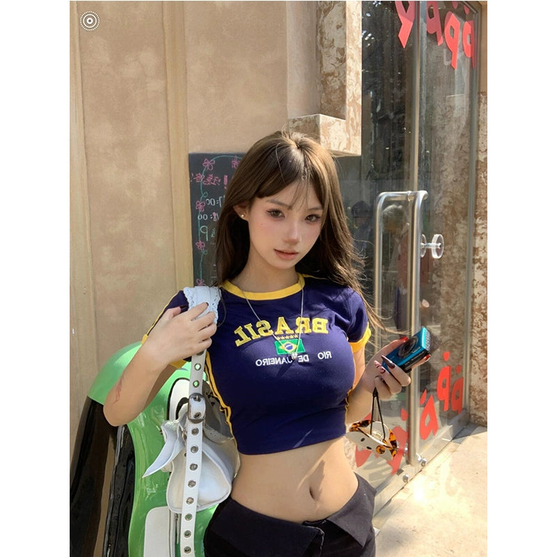 Camiseta de manga curta Raglan com alfabeto retrô e estampa de verão
