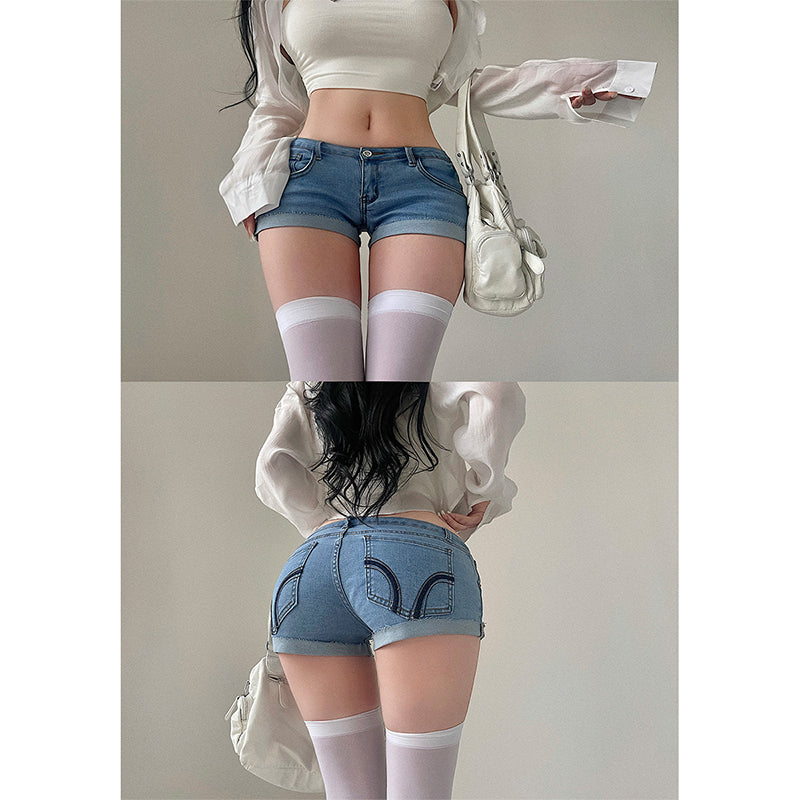 Younggirlday American Gyaru Sexy Cintura Baixa Bainha Apertada Curling Slim Fit Demin Shorts Calças Quentes Mulheres