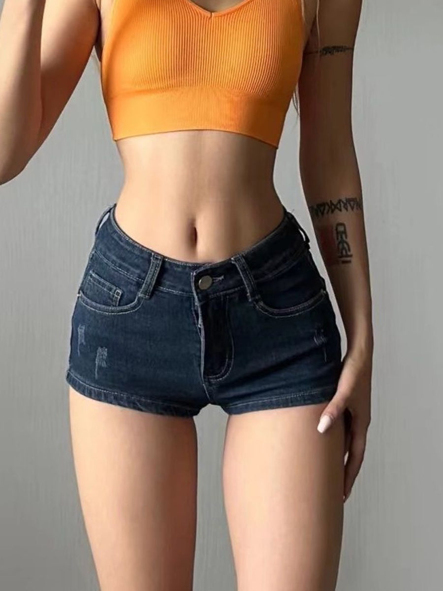 Use estilo Maillard sexy boate cintura baixa bolsa de quadril usada azul escuro jeans shorts super curtos feminino mais fácil de combinar calças quentes
