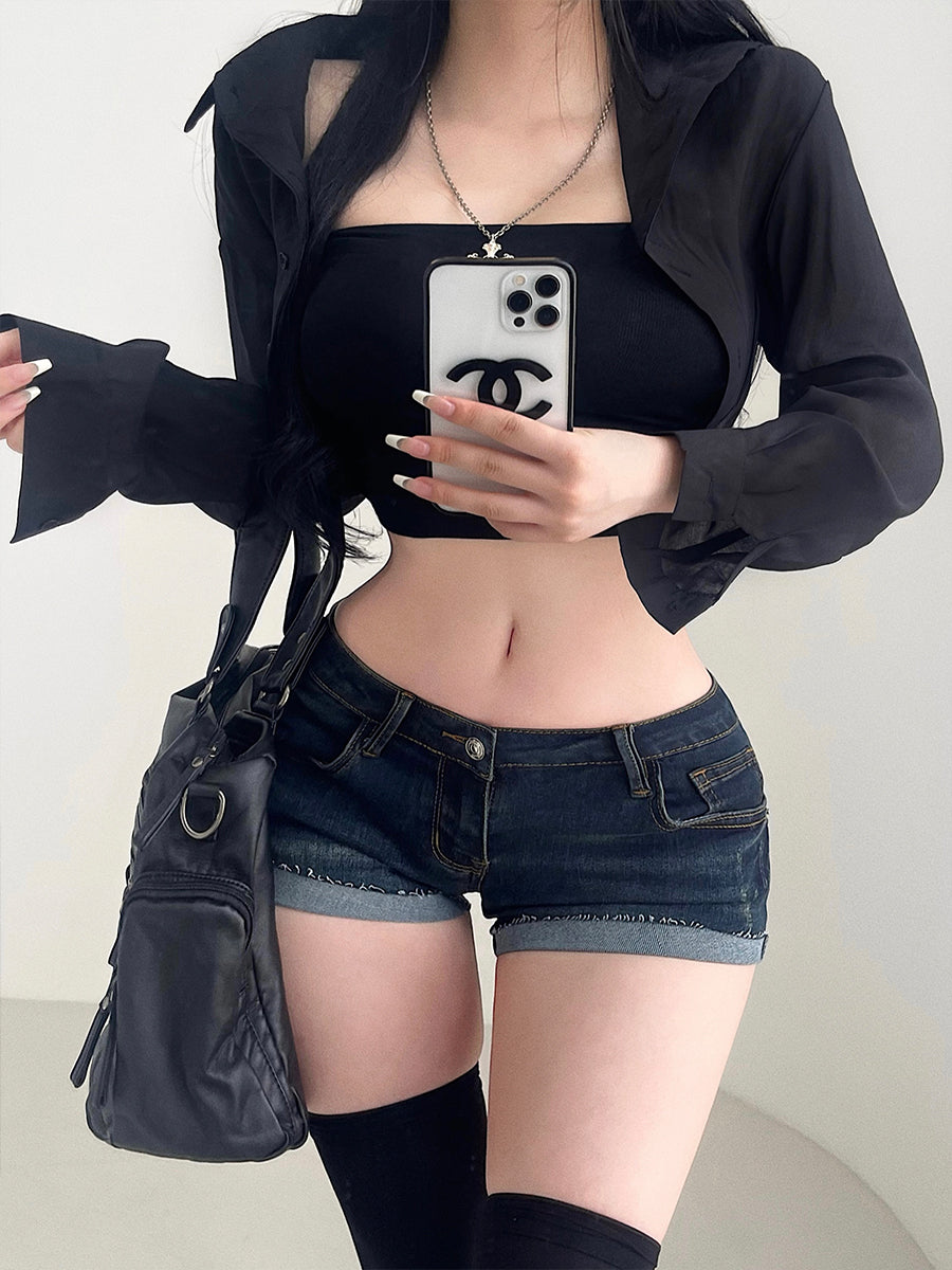 Younggirlday American Gyaru Sexy Cintura Baixa Bainha Apertada Curling Slim Fit Demin Shorts Calças Quentes Mulheres