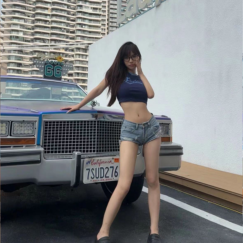 Fangtangjia Shorts Jeans Sexy Cintura Baixa Super Curto Feminino Americano Retro Sexy Emagrecimento Bainha Crua Rasgada Calça Quadril Quente Verão