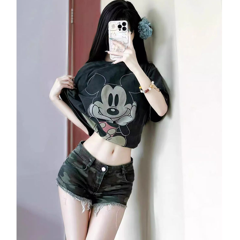 Shorts jeans camuflado sexy americano retrô, cintura baixa, super curto, feminino, pequeno, verão, perna reta, skinny, bainha, calça quente XS
