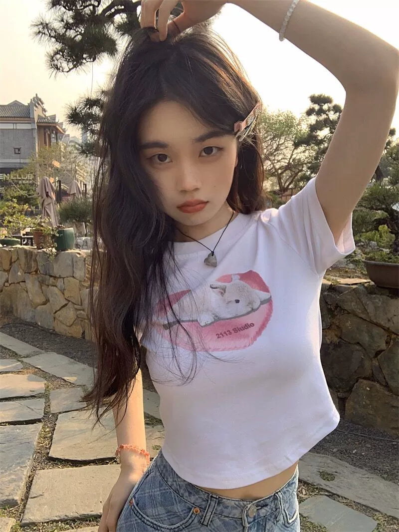 Camiseta de manga curta com estampa sexy e doce redutora de idade