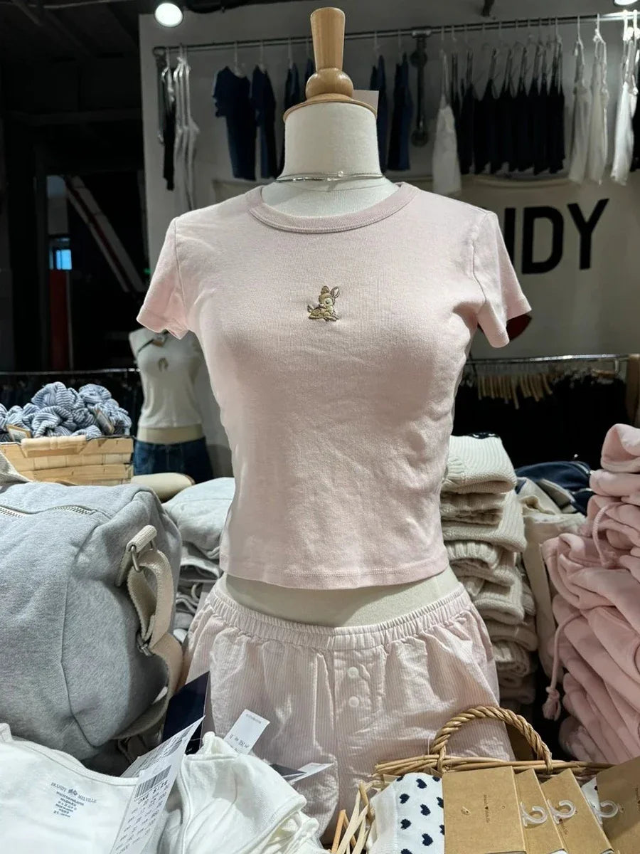 Camiseta feminina Little Dear bordada rosa, gola redonda, algodão, casual, manga curta, vintage, fofa, doce, slim, top Y2K