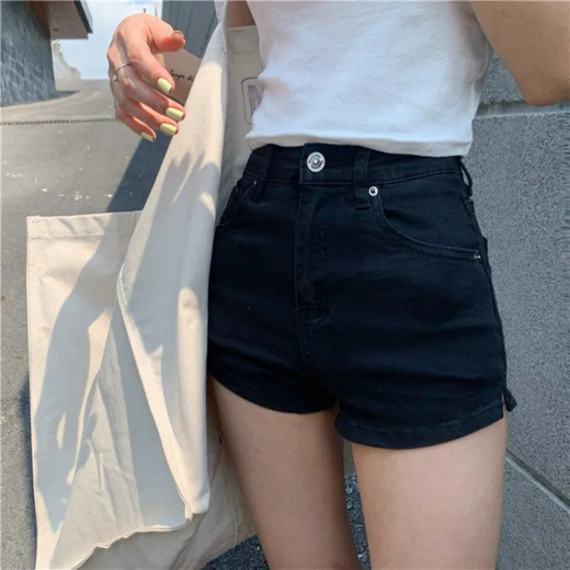 Shorts jeans curto feminino de verão, cintura alta, elástico, pernas longas, sexy, quadril, calça curta, menina, mulher, confortável, casual