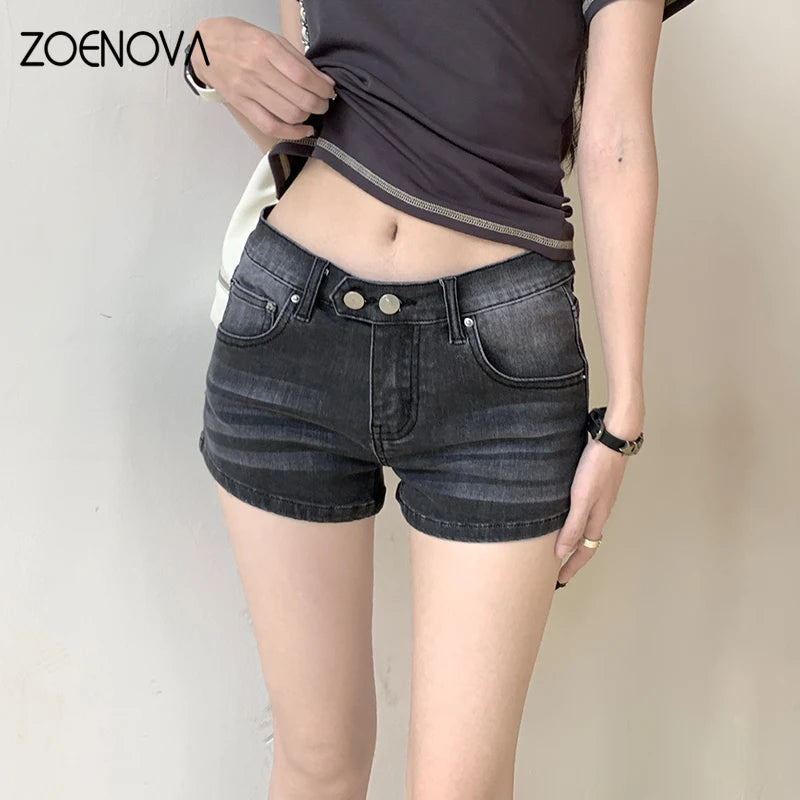 ZOENOVA Harajuku Street Y2K Shorts Jeans Feminino Verão Nova Moda Feminina Sexy Cintura Baixa Botão Duplo Slim A-Line Jeans Casual