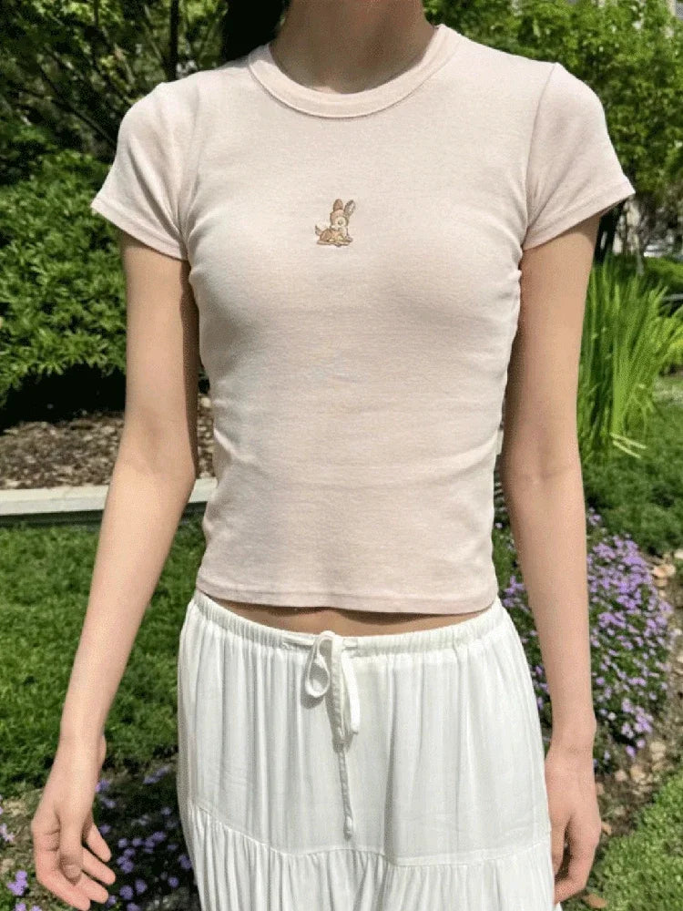 Camiseta feminina Little Dear bordada rosa, gola redonda, algodão, casual, manga curta, vintage, fofa, doce, slim, top Y2K
