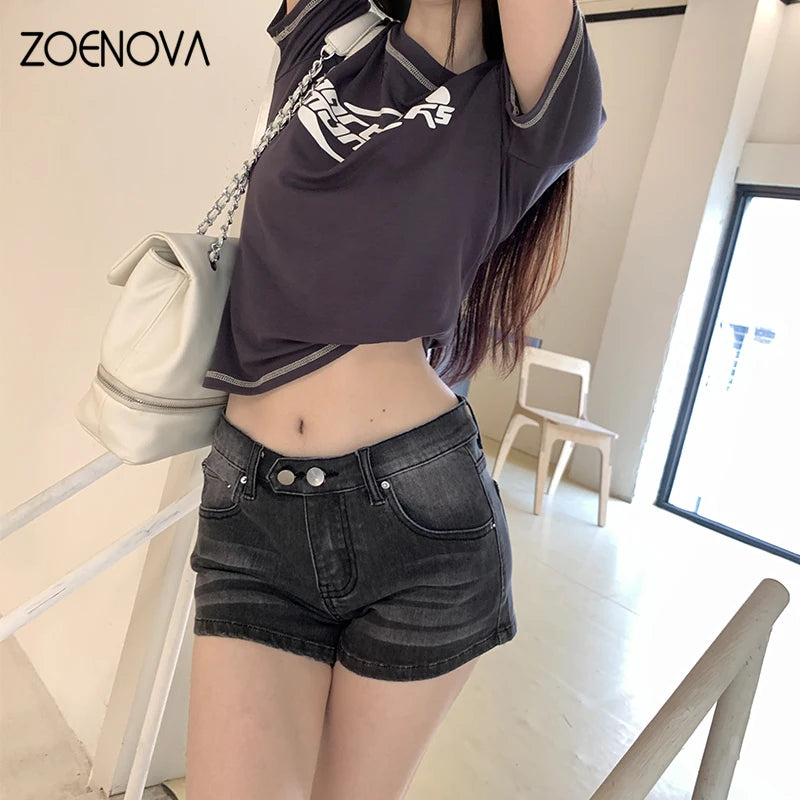 ZOENOVA Harajuku Street Y2K Shorts Jeans Feminino Verão Nova Moda Feminina Sexy Cintura Baixa Botão Duplo Slim A-Line Jeans Casual