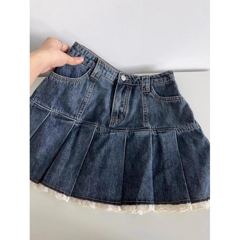 Women's Vintage Lace Pleated Denim Skirt