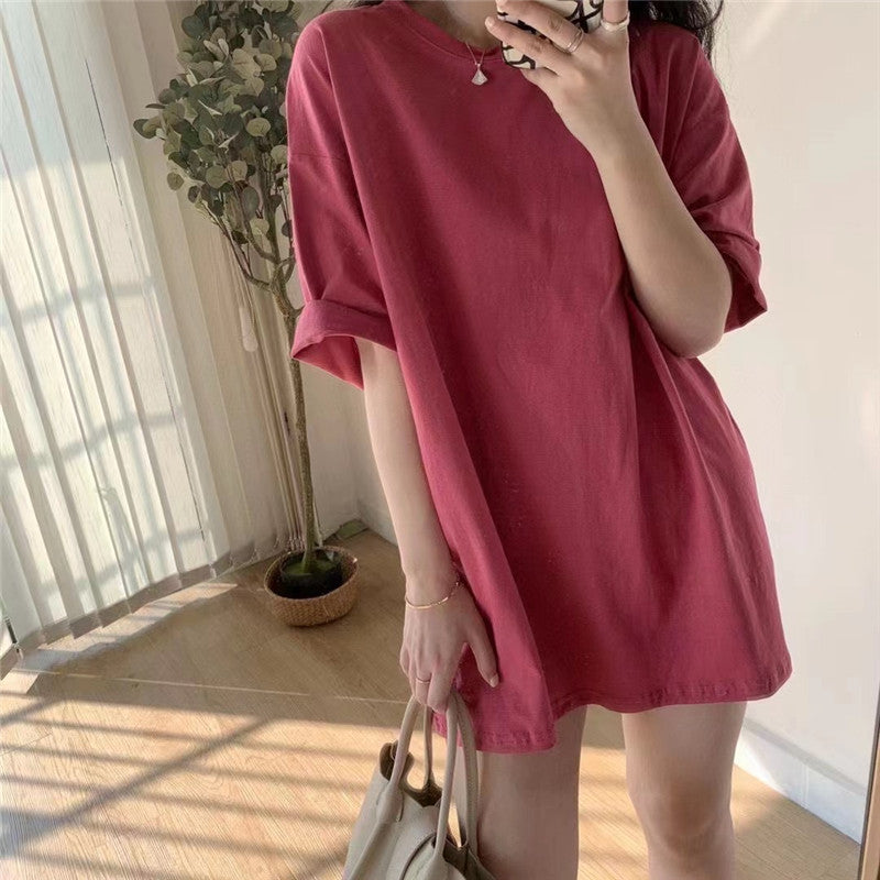 Short-sleeved Solid Color Mid-length Half-sleeved Bottoming Shirt Candy Color