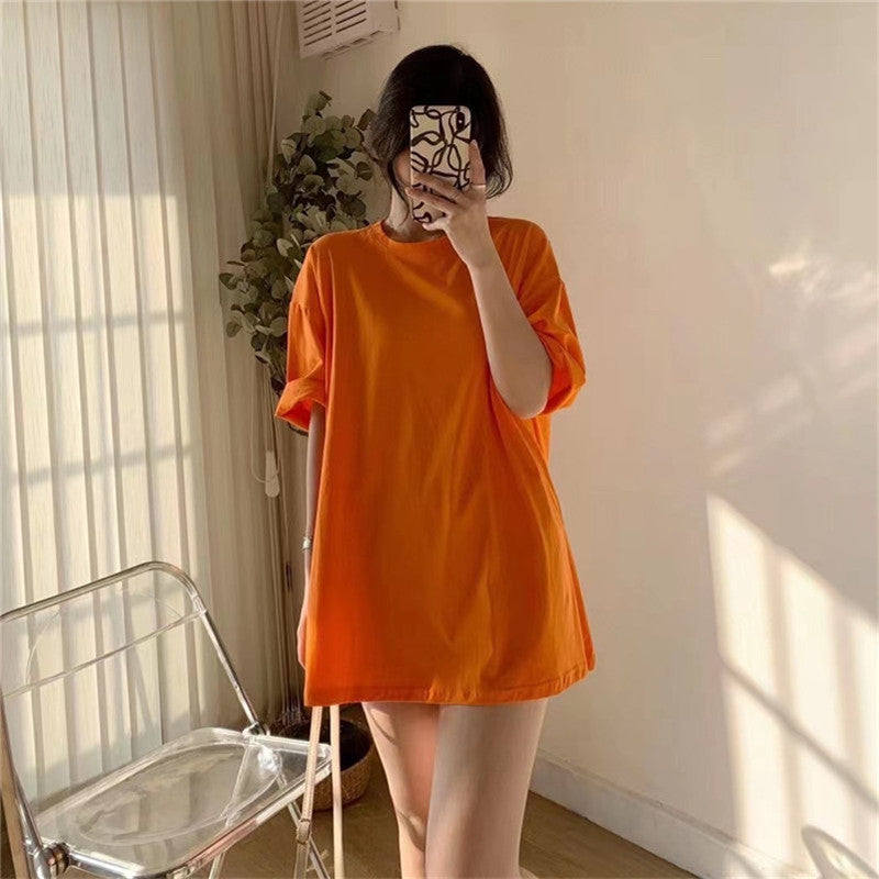 Short-sleeved Solid Color Mid-length Half-sleeved Bottoming Shirt Candy Color