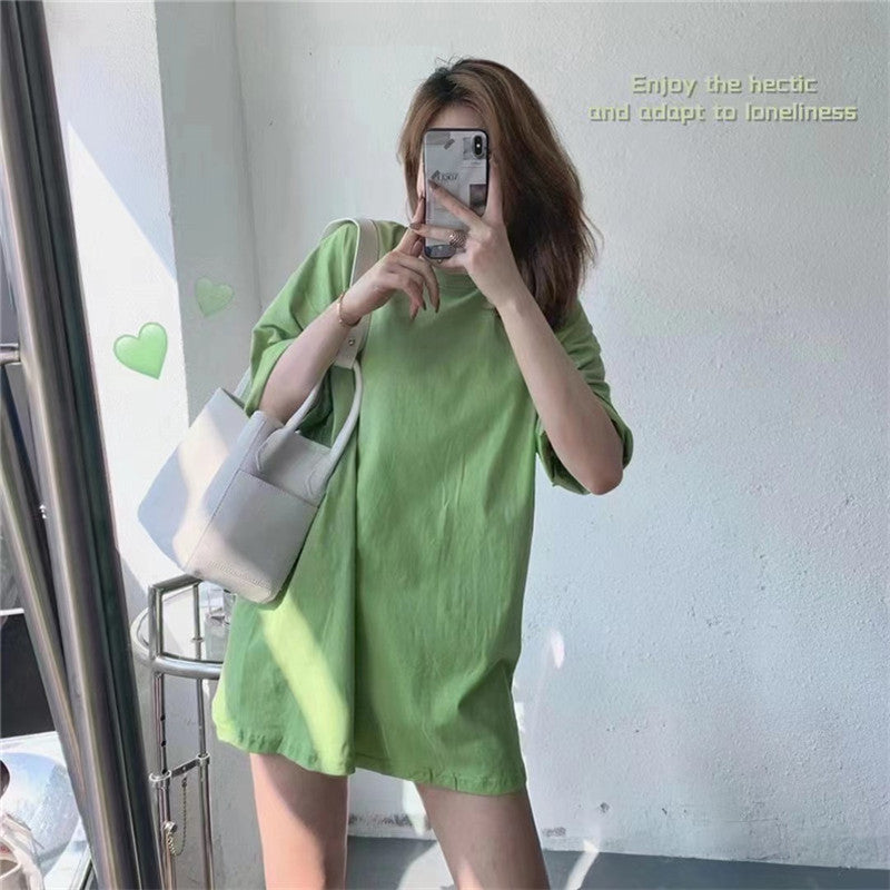 Short-sleeved Solid Color Mid-length Half-sleeved Bottoming Shirt Candy Color