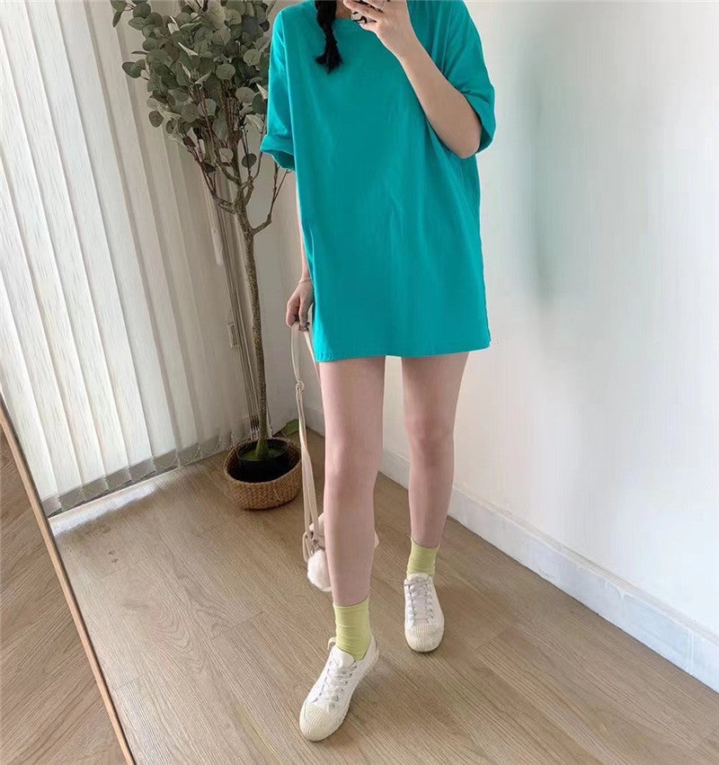 Short-sleeved Solid Color Mid-length Half-sleeved Bottoming Shirt Candy Color