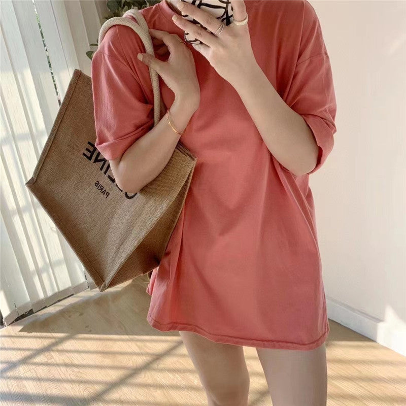 Short-sleeved Solid Color Mid-length Half-sleeved Bottoming Shirt Candy Color