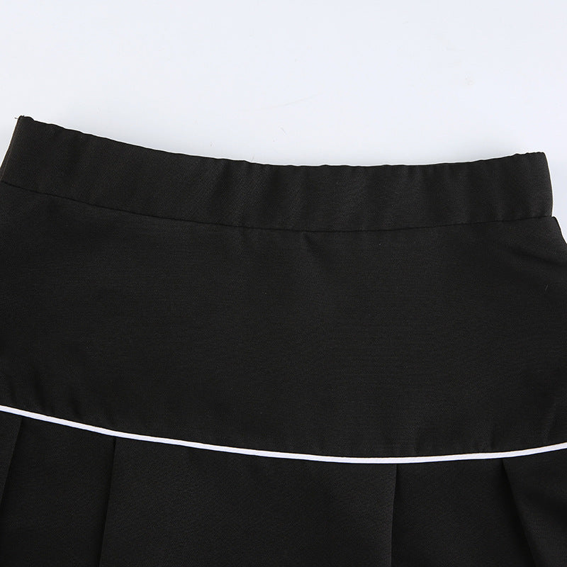 High Waist Teething Embroidery Contrast Pleated Skirt