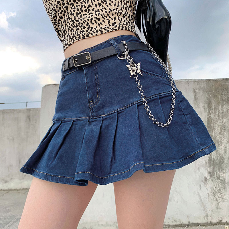 High-Waisted Ruffled Lining Pleated Denim Skirt