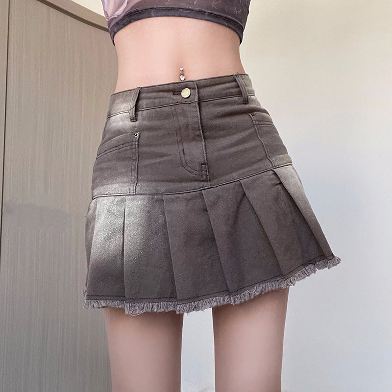 Women's Old Washed High Waist Denim Pleated Skirt