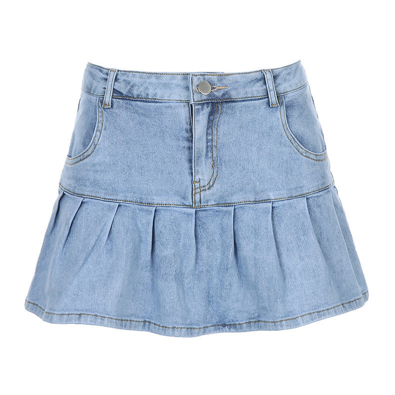 High-Waisted Ruffled Lining Pleated Denim Skirt