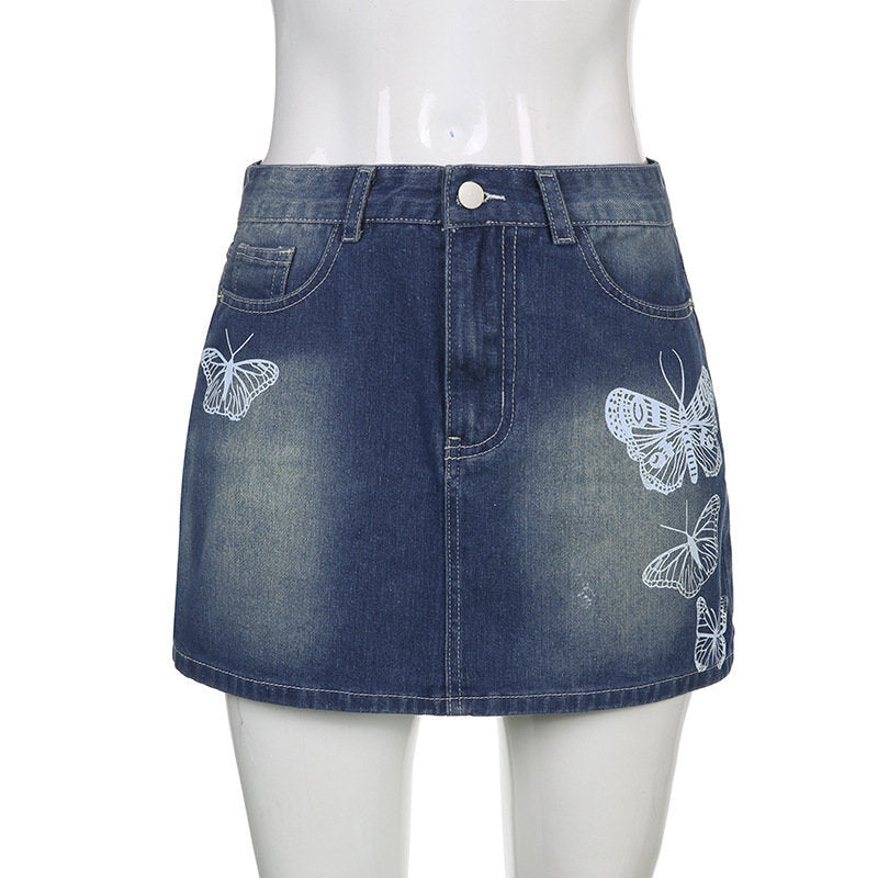 Vintage Butterfly Print Denim Mini Skirt