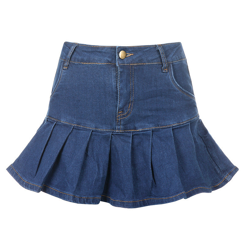 High-Waisted Ruffled Lining Pleated Denim Skirt