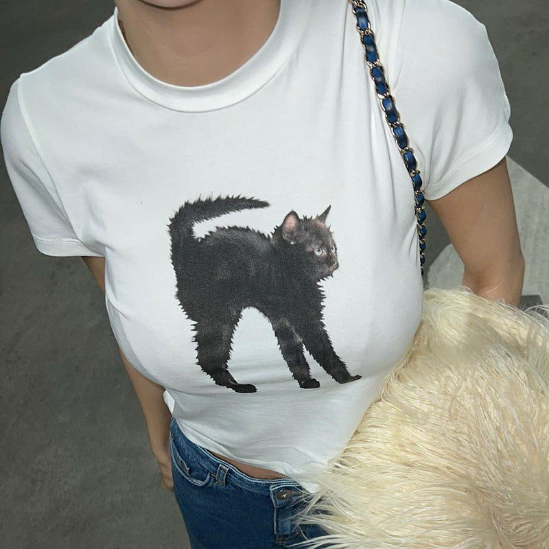 Camiseta de manga curta com estampa de gato American Fried Hair