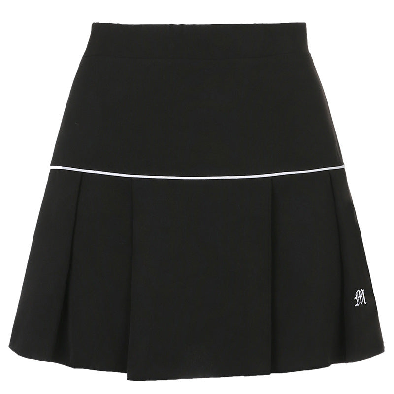 High Waist Teething Embroidery Contrast Pleated Skirt