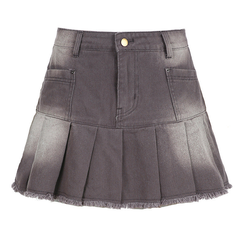 Women's Old Washed High Waist Denim Pleated Skirt