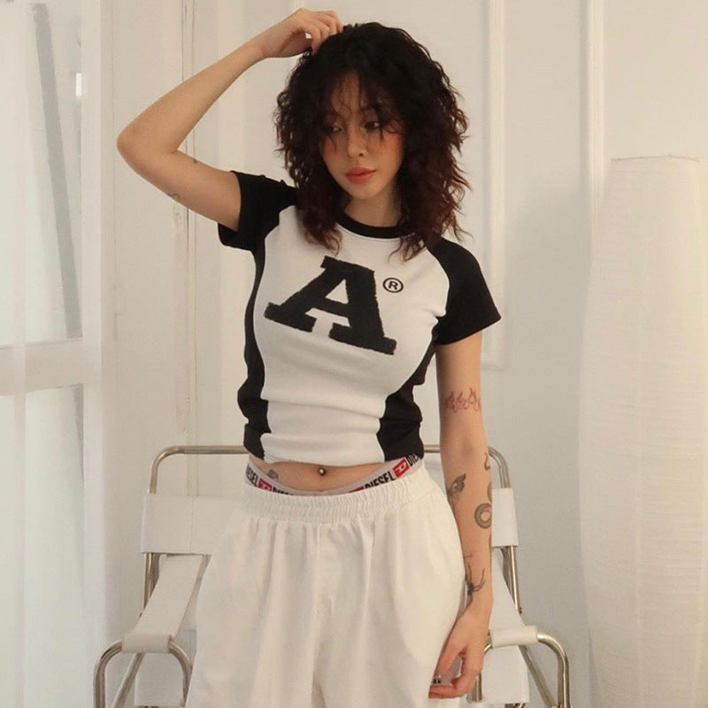 Sexy Hot Girl Letter Print Black And White Contrast Color Raglan Sleeve Top