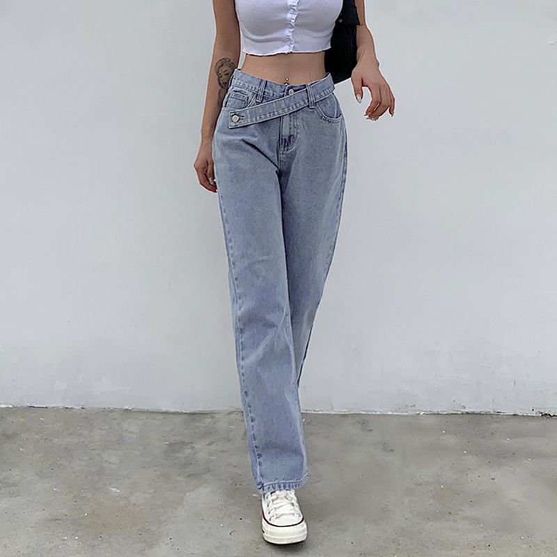 Irregular belt fashion high waist slim jeans