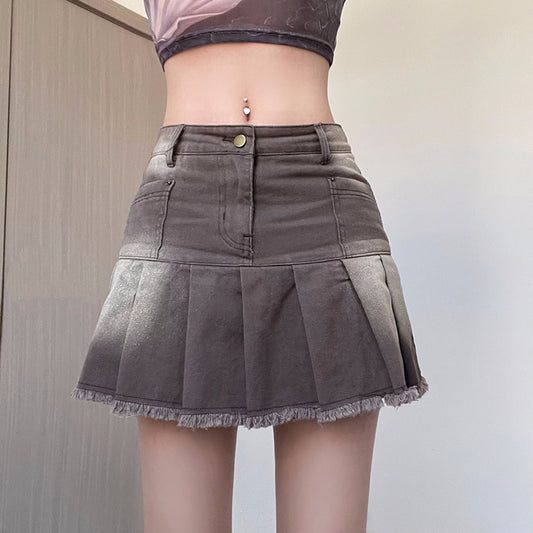 Women's Old Washed High Waist Denim Pleated Skirt