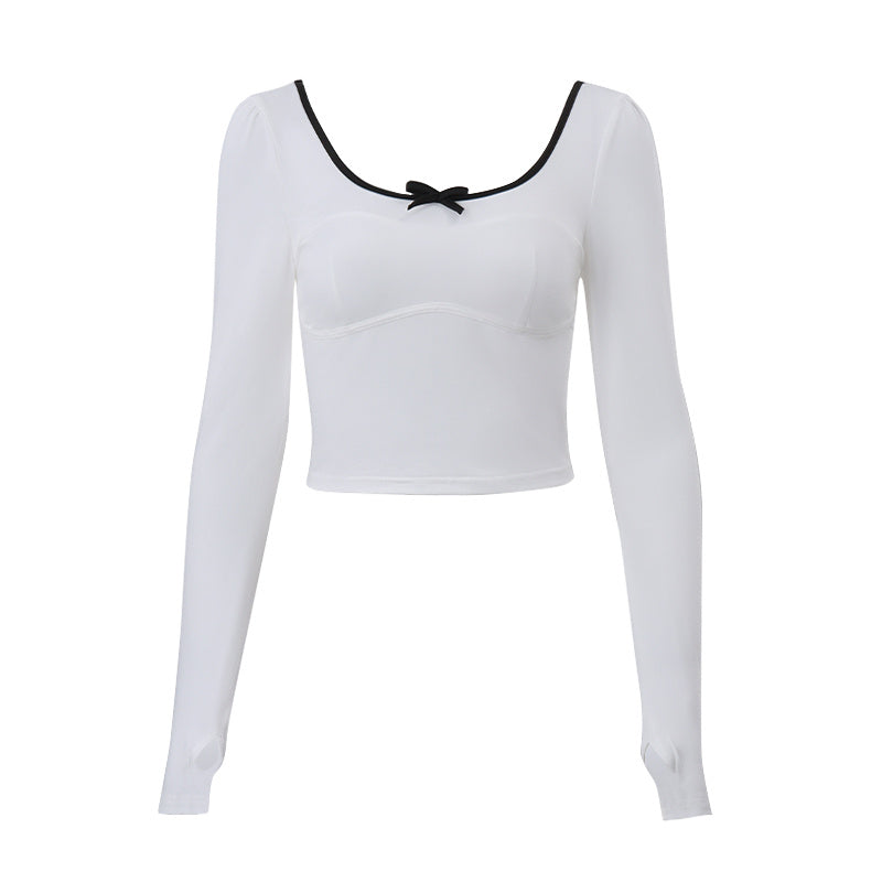 Women's Fashion Round Neck Bowknot Hollow Contrast Color Long Sleeves