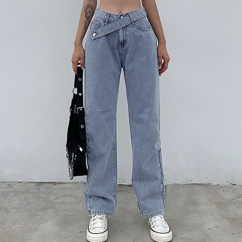 Irregular belt fashion high waist slim jeans