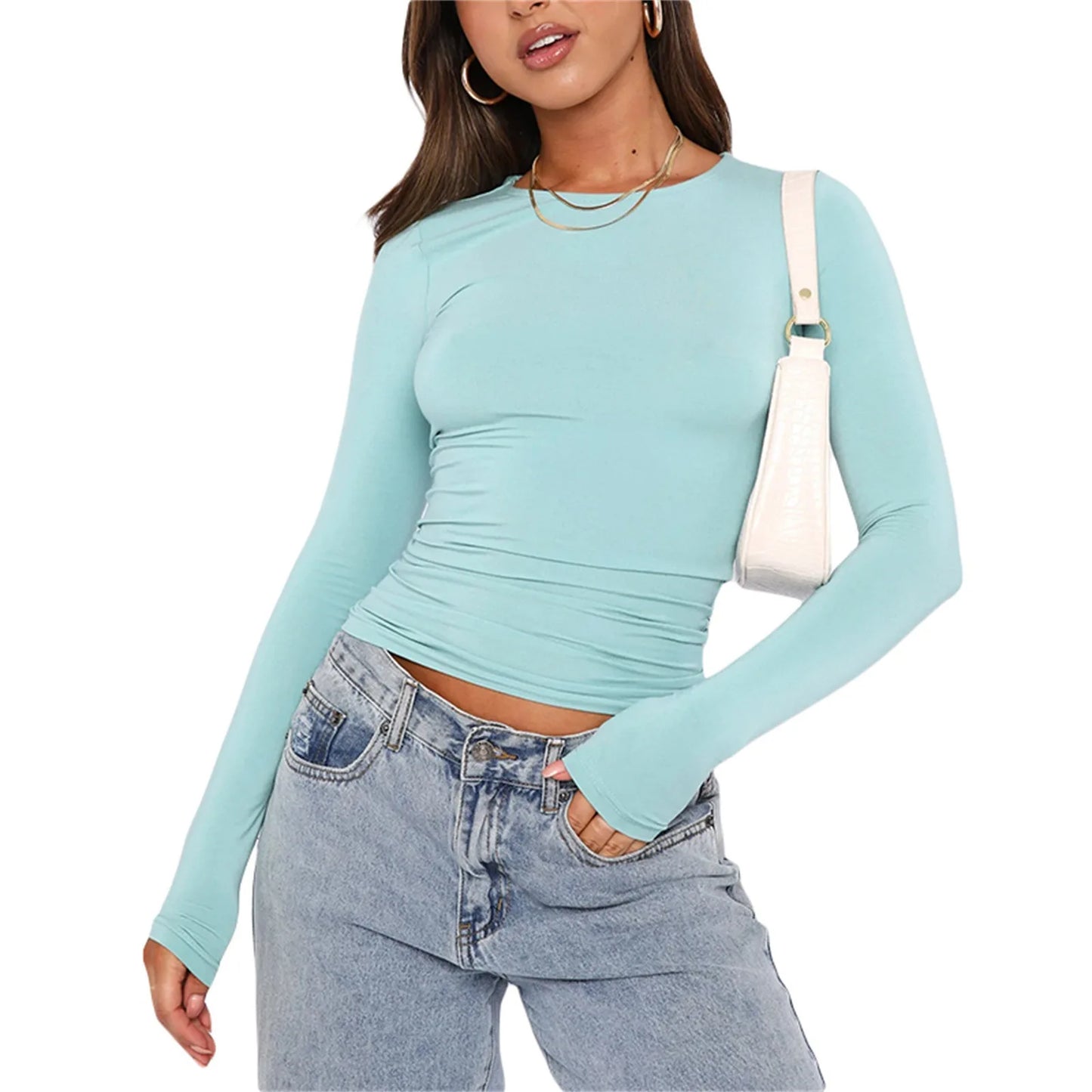 Sólido Slim Fit Casual Mulheres Manga Longa Camiseta Primavera Outono Y2K Streetwear Crop Pullover Top Feminino Gola O Pullovers Camiseta Básica