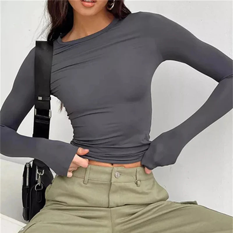 Solid Slim Fit Casual Women Long Sleeve T Shirt Spring Autumn Y2k Streetwear Crop Pullover Top Female O Neck Pullovers Basic Tee