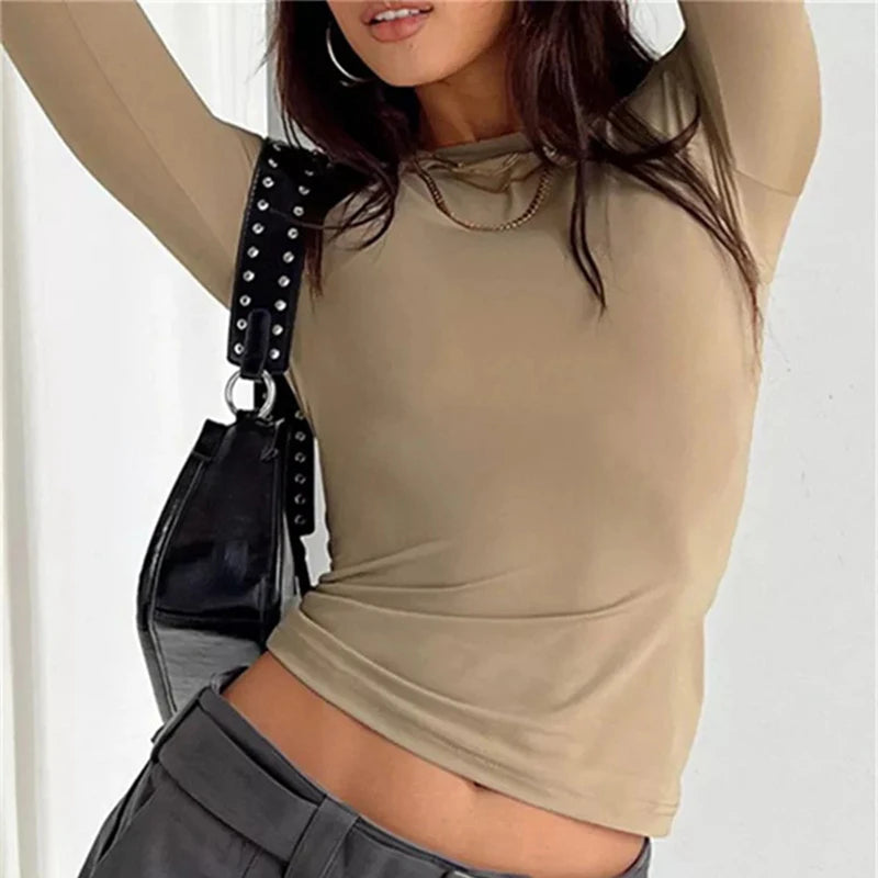 Sólido Slim Fit Casual Mulheres Manga Longa Camiseta Primavera Outono Y2K Streetwear Crop Pullover Top Feminino Gola O Pullovers Camiseta Básica