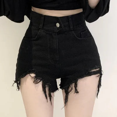 Female Fashion Casual Summer Cool Basic Denim Shorts Women Korean Casual High Waist  Tassels Ripped Holes Pink Jeans Shorts