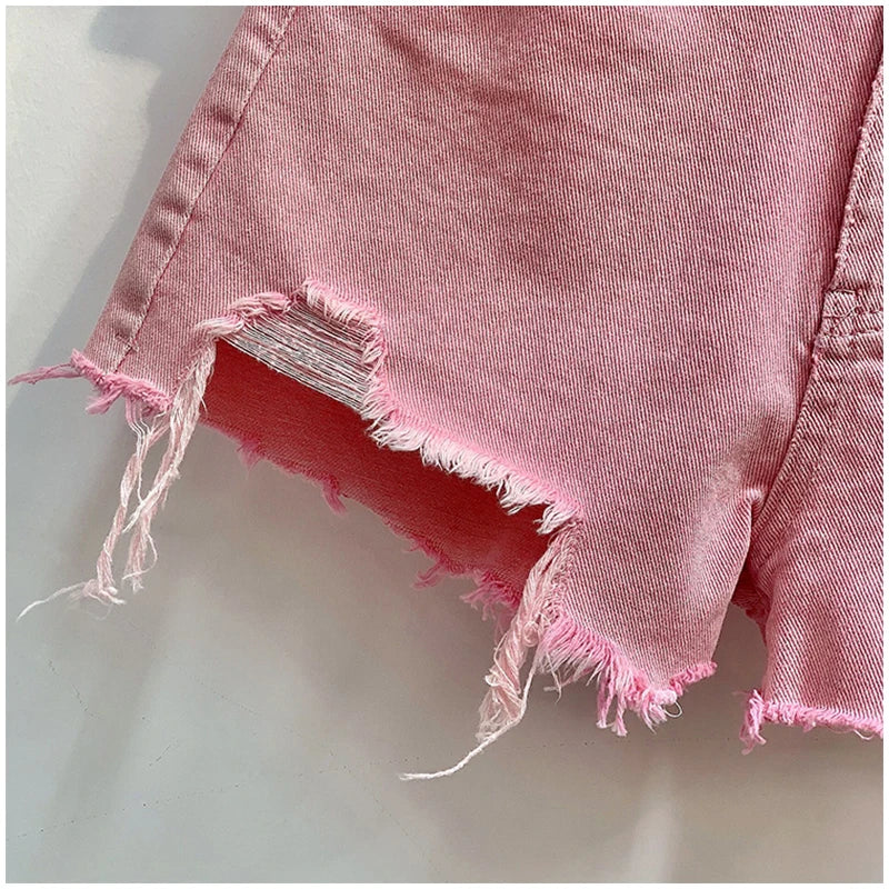 Female Fashion Casual Summer Cool Basic Denim Shorts Women Korean Casual High Waist  Tassels Ripped Holes Pink Jeans Shorts