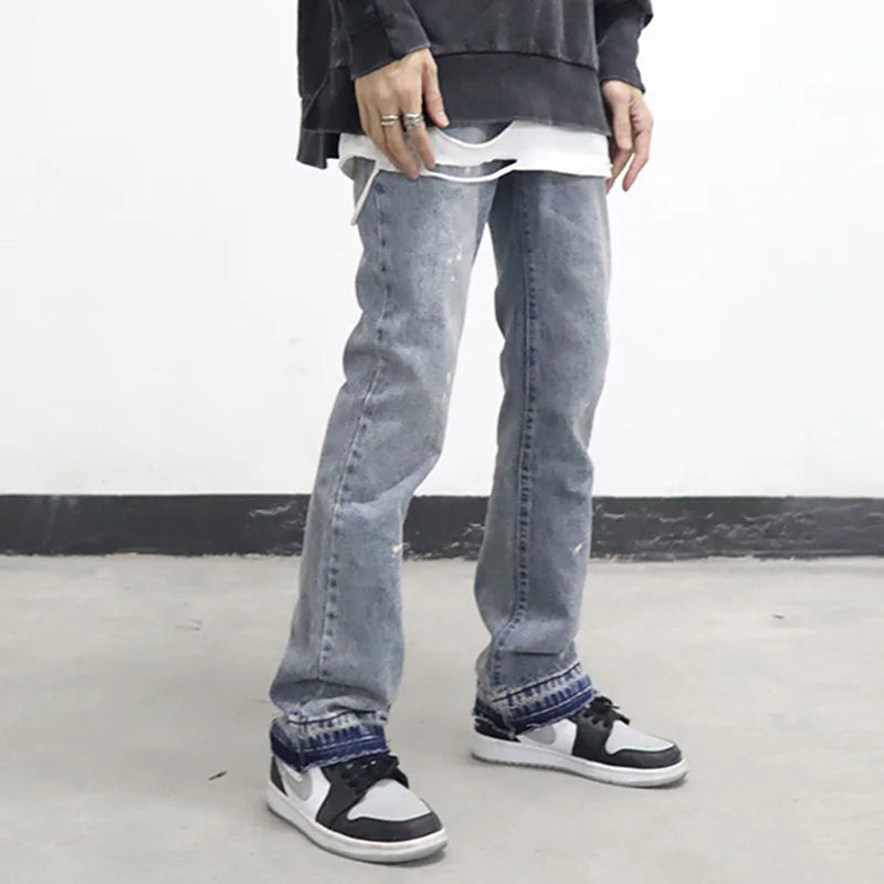 High Street Washed Splash Ink Retro Wide-leg Flared Pants Mens Straight Casual Jeans for Men Harajuku Loose Denim Trousers