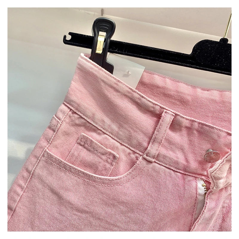 Female Fashion Casual Summer Cool Basic Denim Shorts Women Korean Casual High Waist  Tassels Ripped Holes Pink Jeans Shorts