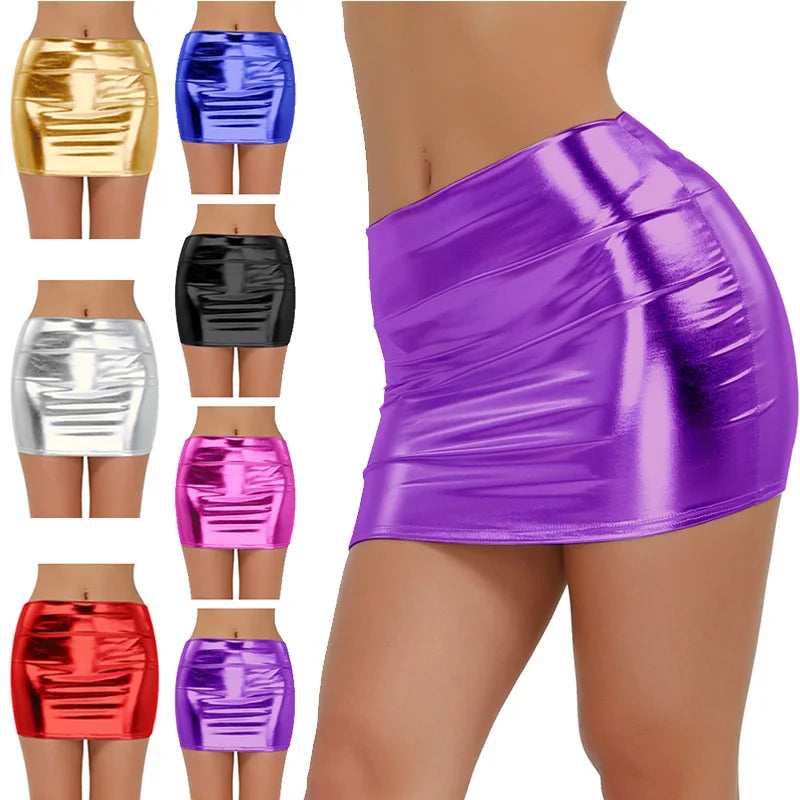 iEFiEL Sexy Womens Adults Mini Skirt Femme Evening Clubwear Shiny Patent Leather Wetlook Cocktail Costumes Bodycon Pencil Skirts