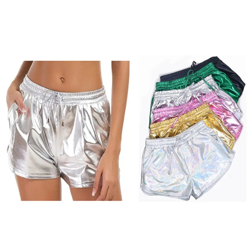 Women Shiny Metallic Hot Shorts Summer Holographic Wet Look Casual Elastic Drawstring Festival Rave Booty Shorts