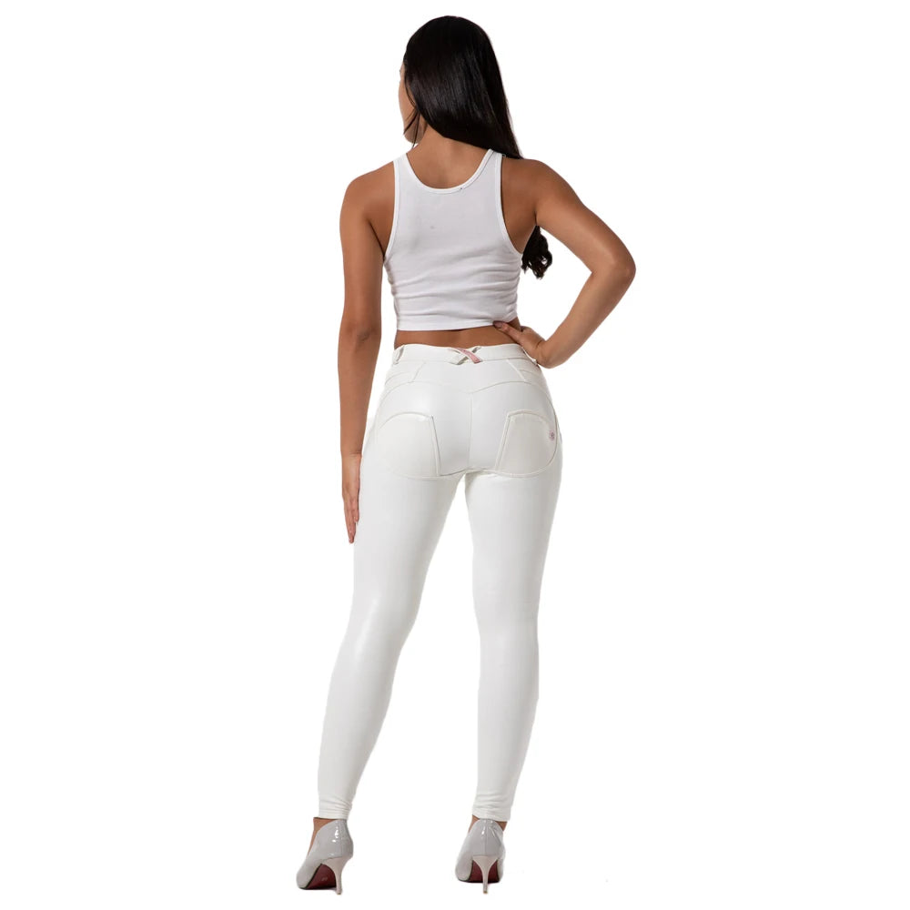 Shascullfites Melody Women Jeans Fashion White Elastic Push Up Sexy Slim Coated Faux Leather Pencil Pants Skinny Lady Trousers