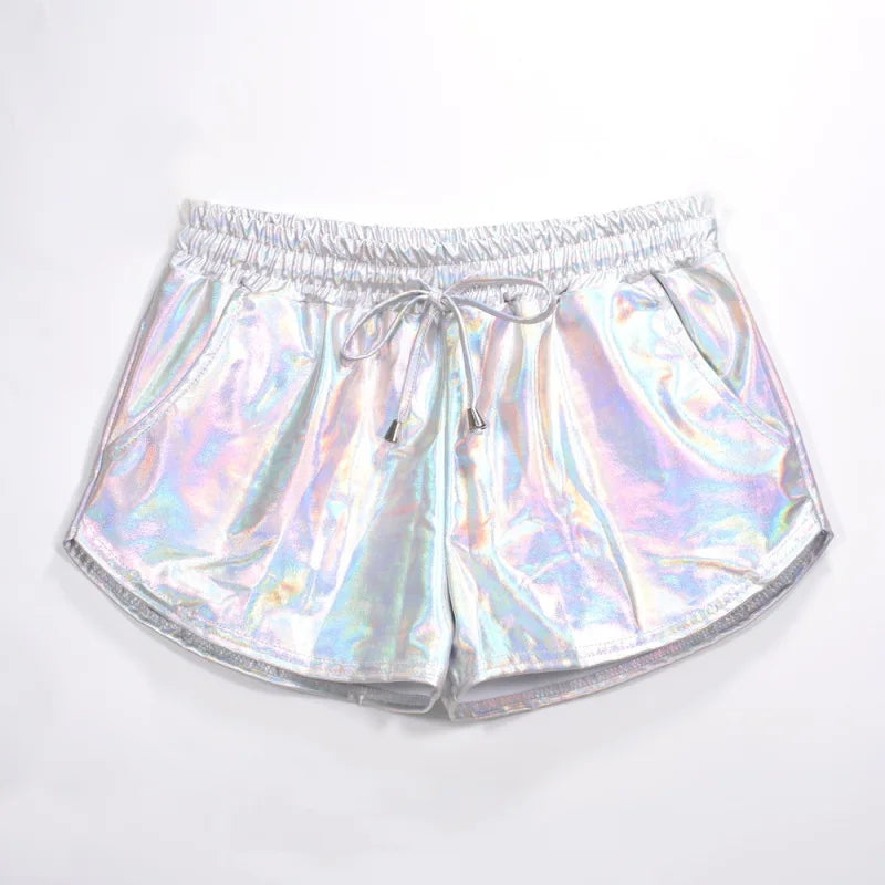 Women Shiny Metallic Hot Shorts Summer Holographic Wet Look Casual Elastic Drawstring Festival Rave Booty Shorts