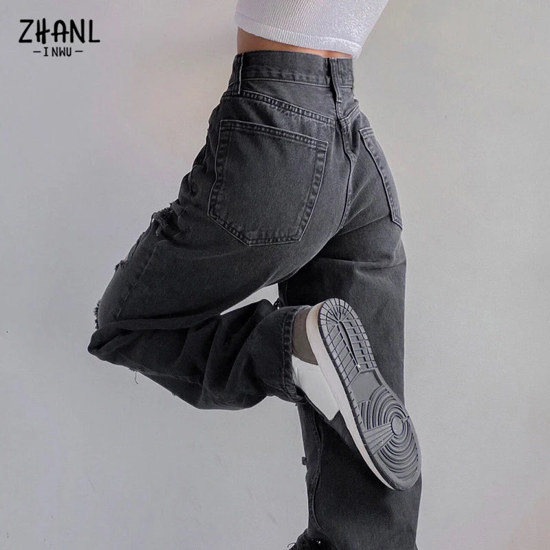 Black Ripped High Waist Jeans for women Vintage Clothes y2k Fashion Straight Denim Trousers Streetwear Hole Hip Hop Pant jeans