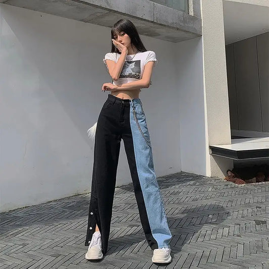 The new black and blue stitching contrast color high-waisted button slit jeans women's all-match tall and thin straight pants