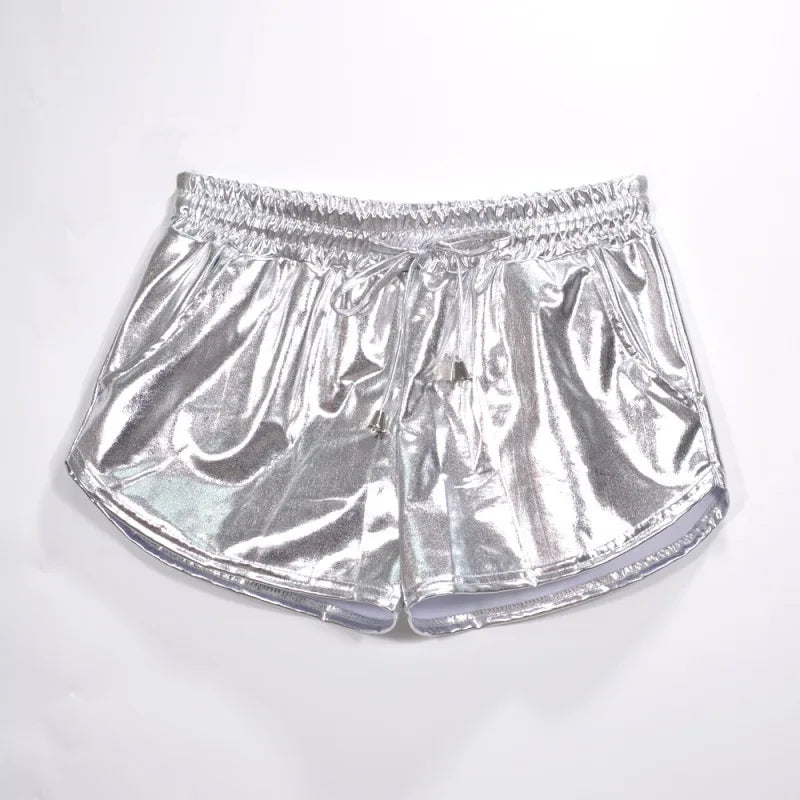 Women Shiny Metallic Hot Shorts Summer Holographic Wet Look Casual Elastic Drawstring Festival Rave Booty Shorts