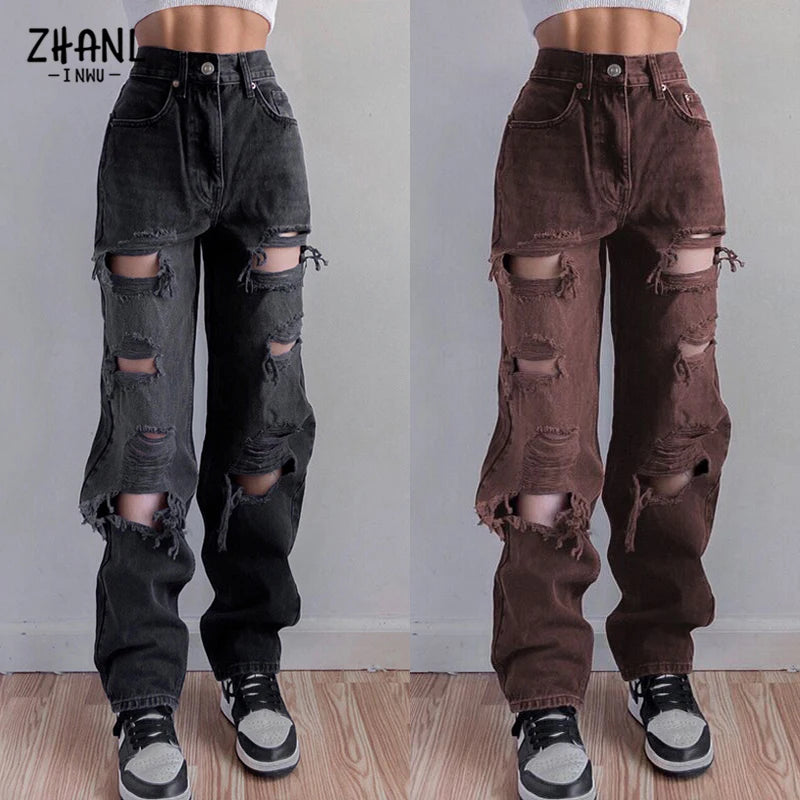 Black Ripped High Waist Jeans for women Vintage Clothes y2k Fashion Straight Denim Trousers Streetwear Hole Hip Hop Pant jeans